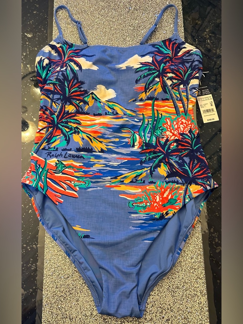 Ralph Lauren Blue Tropical Print  One-Piece Swimsuit Size Large